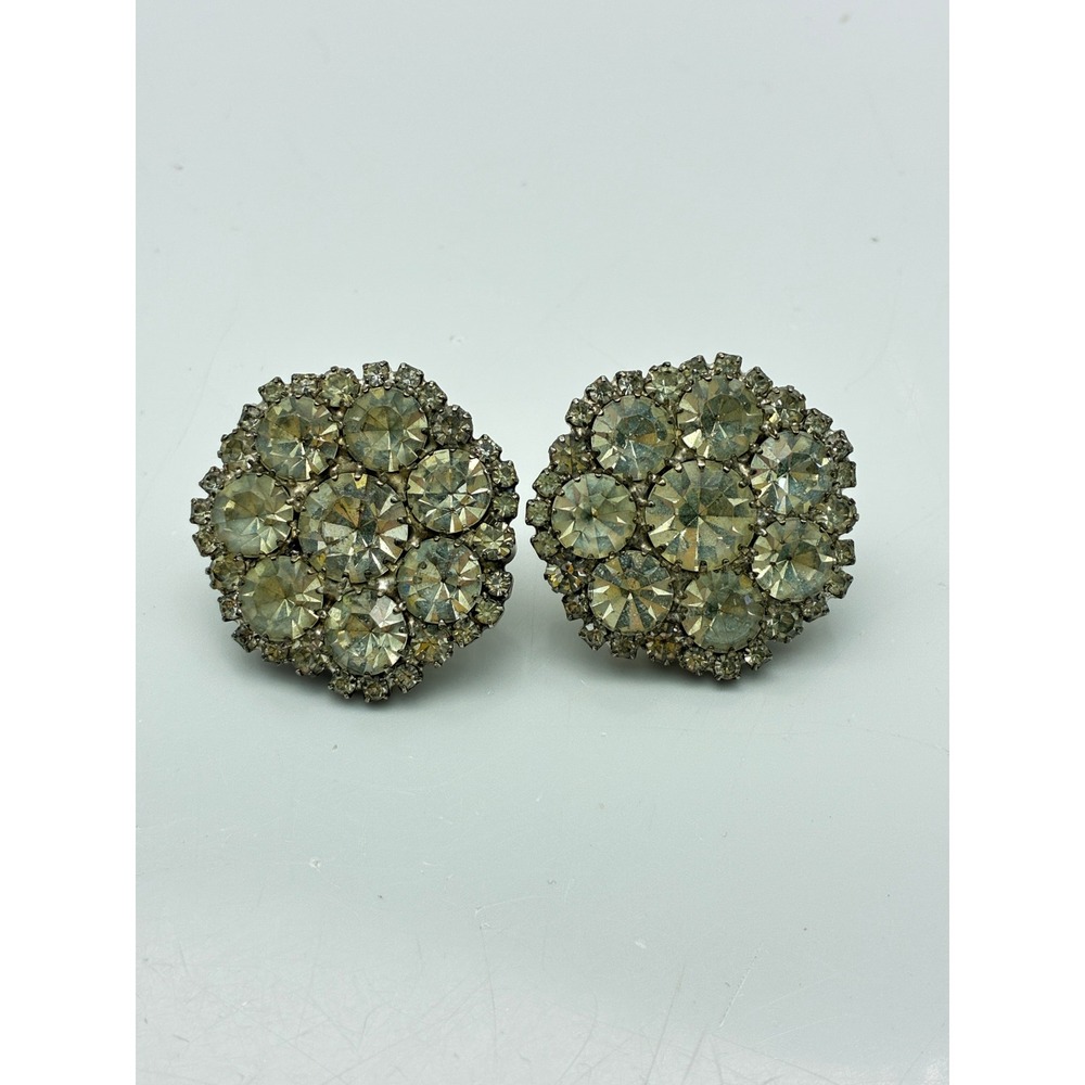 Vintage Style Rhinestone Cluster Stud Earrings Silver Tone Clear Crystal